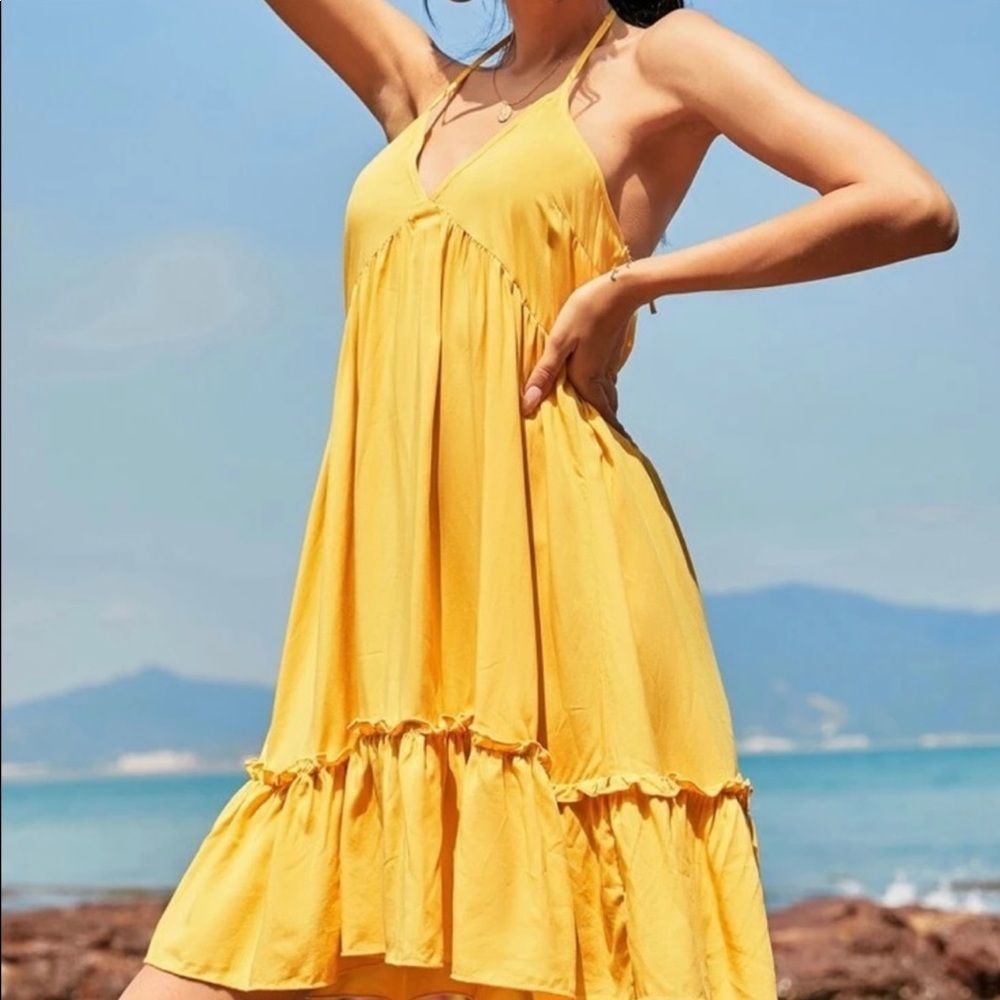 New! Bright Yellow Halter Open Back Ruffle Dress - Picture 5 of 6